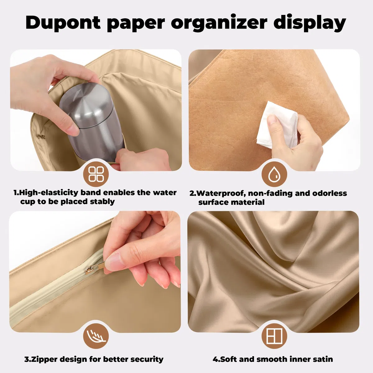 DGAZ Organizador de Bolsos Interior, Inserto para Longchamp Le Pliage, Forro de Seda y Exterior de Papel Dupont, con Bolsillo con Cremallera y Tira Sujeta-Botellas, Ligero (Chai, M Asas largas)