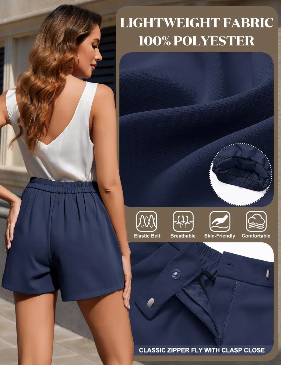 Xnova Pantalones Cortos Mujer Verano Elegante Pierna Ancha Pantalón Corto Sueltos de Cintura Alta Elástica Trasera Bermudas Mujer Casual con Bolsillos y Cremallera
