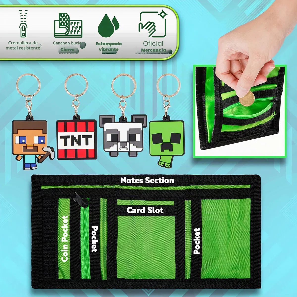 Minecraft Cartera para Niños Toda Ocasión En Poliéster con Personaje Green Creeper Monedero Verde Tamaño Bolsillo Cartera Resistente Incluye 4 Llaveros