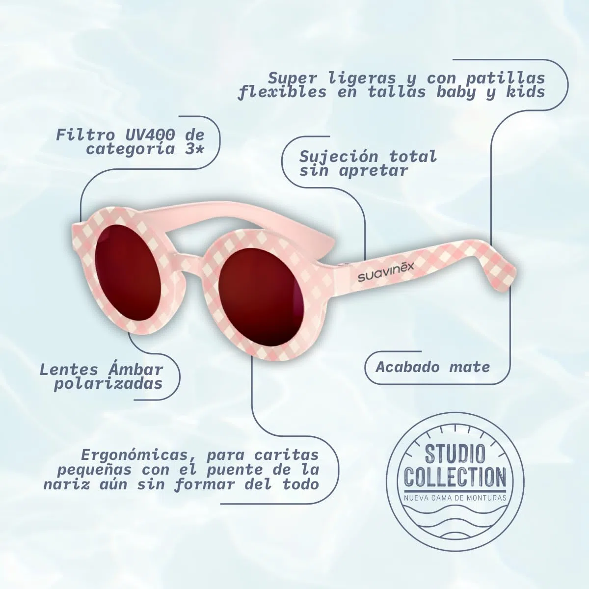 SUAVINEX, Gafas de Sol para Niños y Niños de 8 a 14 Años, Polarizadas, Filtro UV 400, 100% Protección Rayos UVA y UVB, con Funda Incluida, Flexibles y Ligeras, Redondas, Studio 2026, Rosa