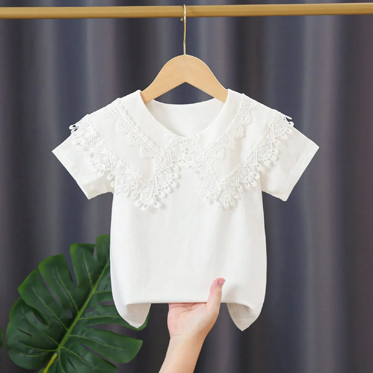 Blusa Manga Corta para Niña Pequeños Tops de Algodón Uniforme Escolar Camisa Encaje Bordado Cuello de Muñeca