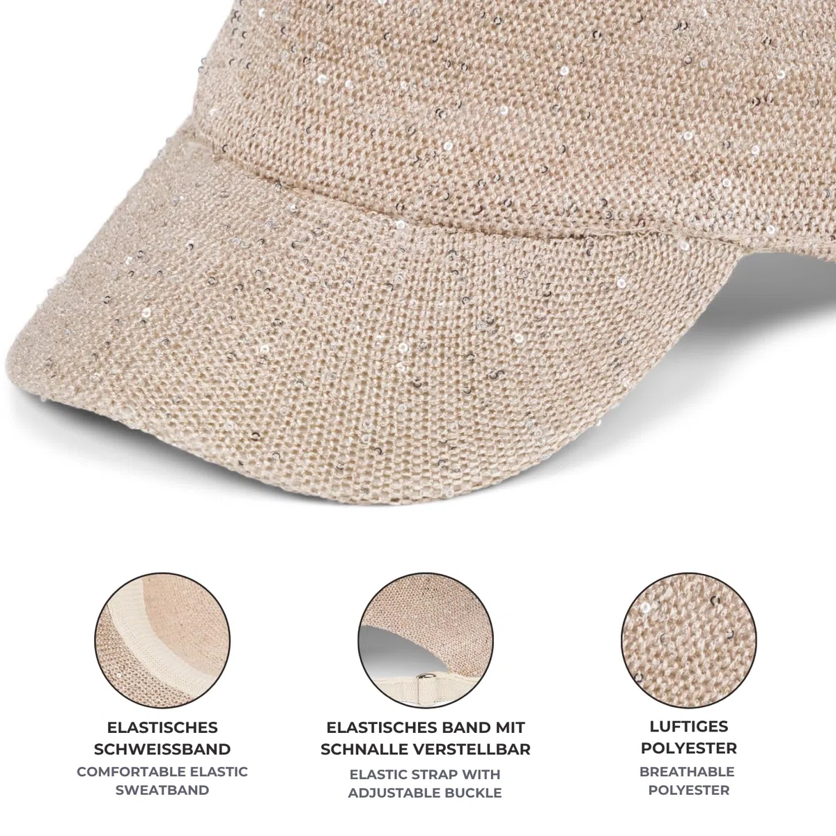 styleBREAKER Gorra de Verano para Mujer con Bordado de Lentejuelas, diseño Transpirable y Hebilla metálica Ajustable, protección Solar Sencilla para Playa y Ocio