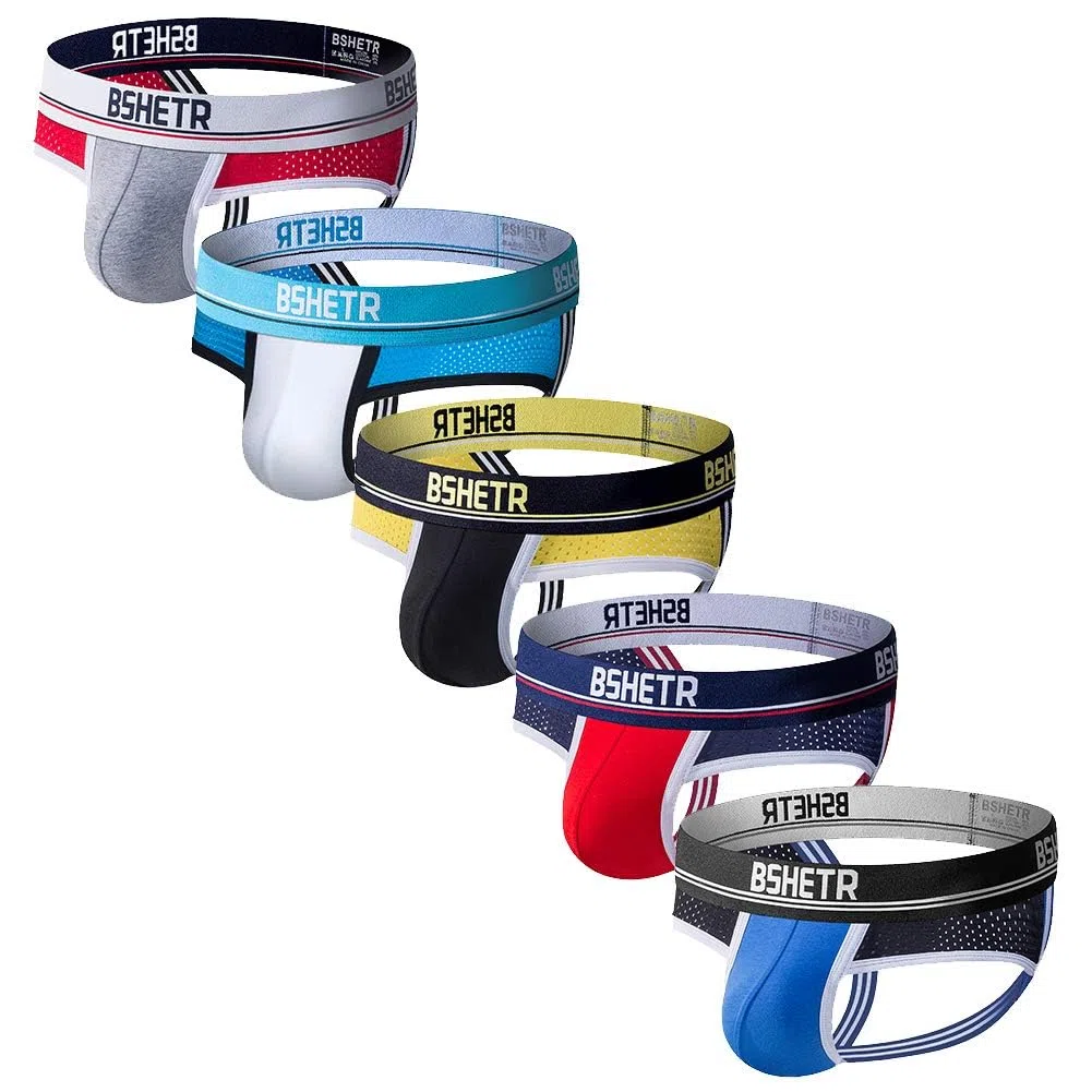 BSHETR Ropa Interior para Hombre Tanga Jockstrap Soporte Atlético con Suspensorio, 5-Paquete de algodón con Tiro Bajo Cintura Elástica Multi-Paquete Calzoncillo de Rendimiento