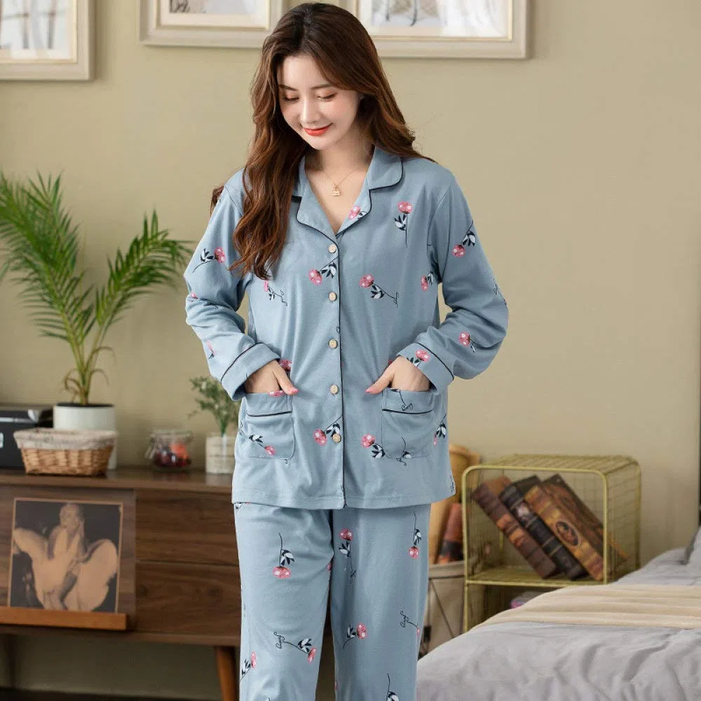 Conjunto De Pijamas De Mujer,Conjunto De Pijamas De Algodón Suave Con Estampado De Botones Conjuntos De Pijamas Con Bolsillos Ropa De Dormir De Manga Larga Ropa De Dormir De Talla Grande Ropa De Dor