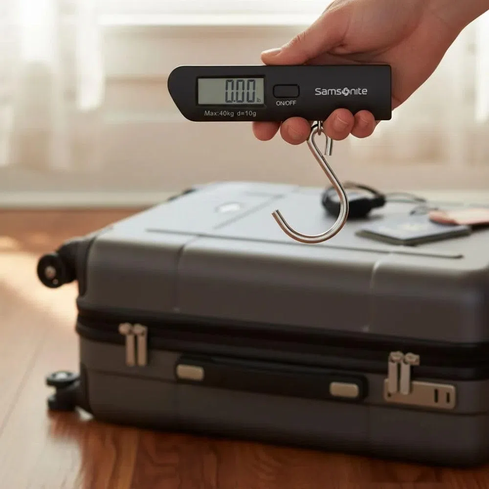 Samsonite Global TA – Báscula Digital para Equipaje con Gancho, Pantalla LCD Precisa, Compacta y Portátil, Báscula Digital para Equipaje para Maletas y Bolsas de Viaje, Negro