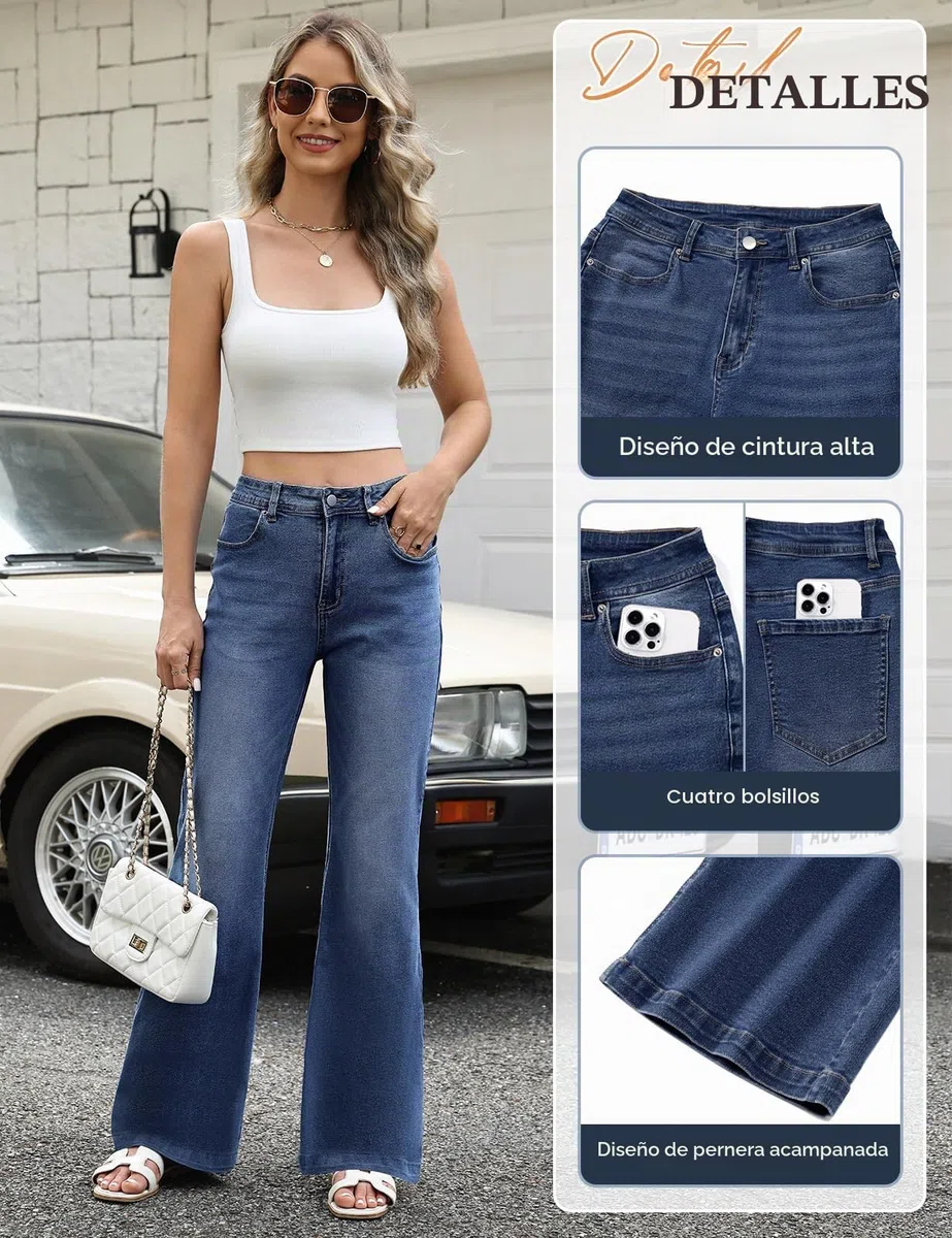 heekpek Vaqueros Elasticos Mujer Cintura Alta Pantalones Anchos Pantalon Campana Holgados Jeans Flare con Bolsillos