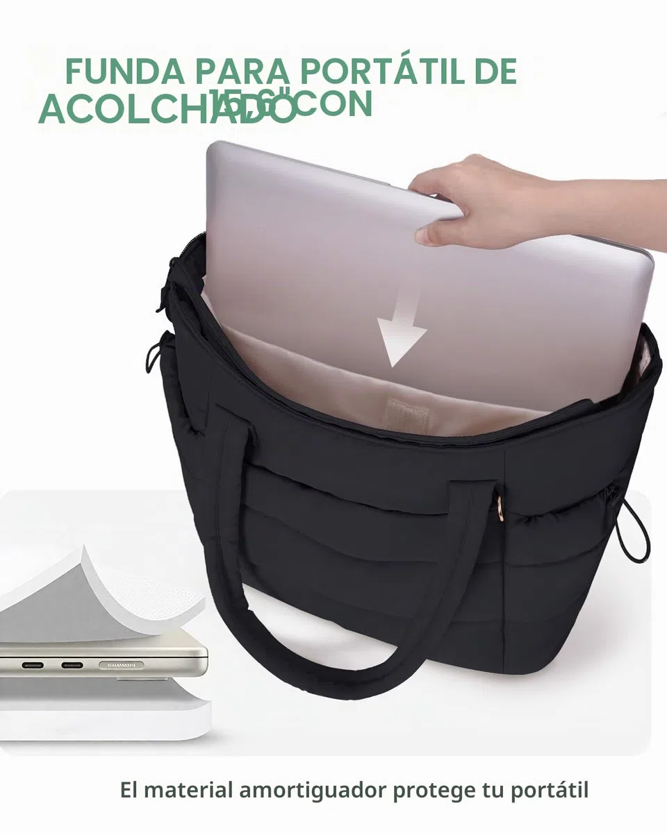 Bolso Tote Mujer Acolchado 2 Piezas, Bolso Shopper Grande con Compartimento para Ordenador 15.6" y Portabotellas Aislante 40oz, Ideal para Oficina, Universidad, Viaje y Uso Diario (Diseño Patentado)