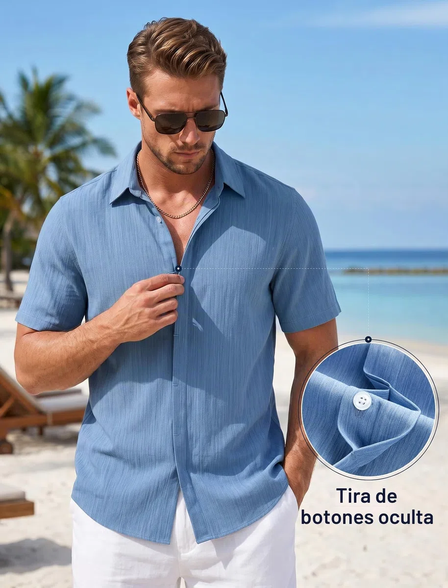 Enlision Camisa Hombre Mangas Cortas Casual Verano Camisas para Hombres Cuello con Solapa Oculta Ajuste Regular Casuales Shirts