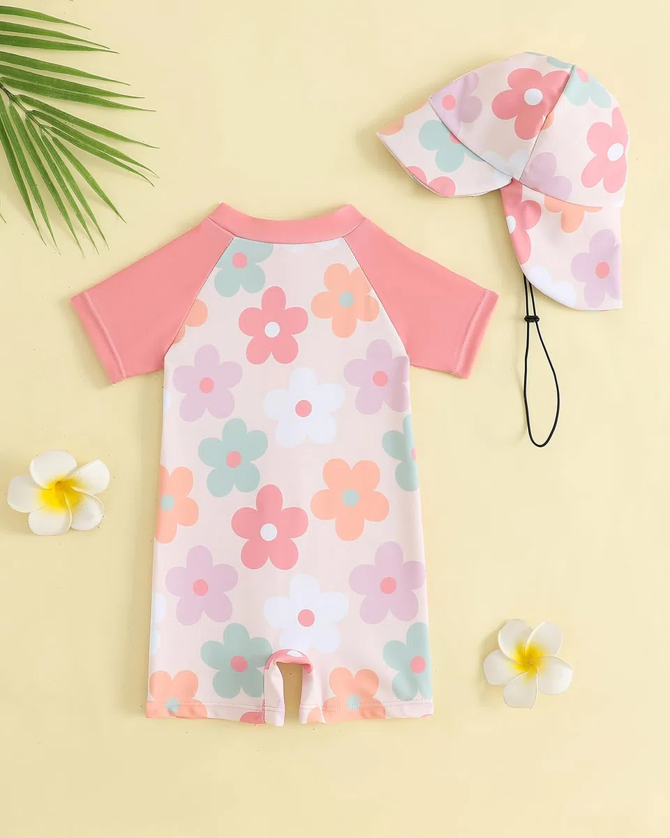 FishingDino Bañador Bebe de una Pieza con Protección UV, Traje Niña y Niño con Cremallera Frontal y Sombrero de Sol Camiseta Solar de Manga Corta