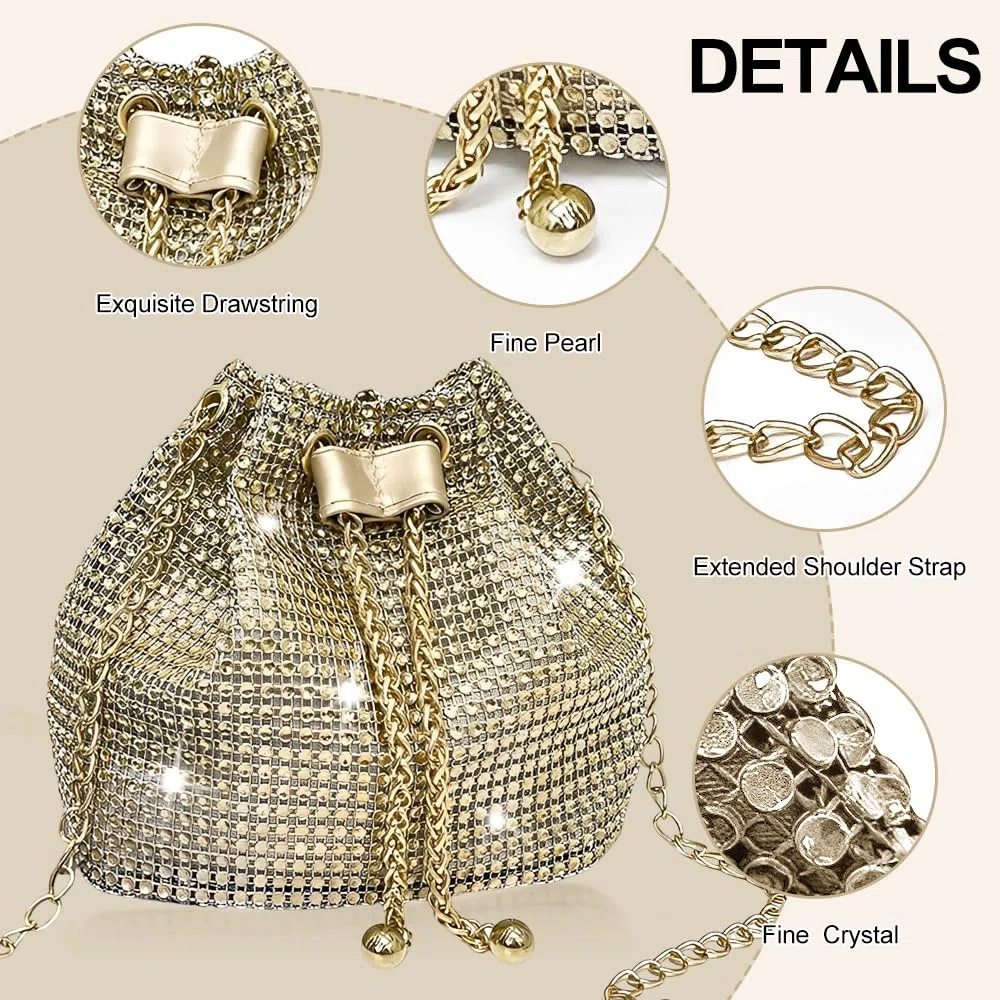 Bolso Mujer con Brillantes Diamantes Elegante de Noche Clutch con Cadena para Fiestas Bodas Banquete(Oro)
