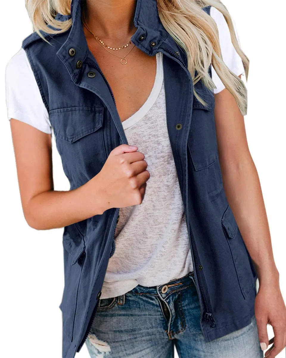 Imily Bela Chaleco cargo sin mangas para mujer, parka de entretiempo, chaqueta corta con bolsillos y cordón, chaleco de primavera y verano, ropa exterior