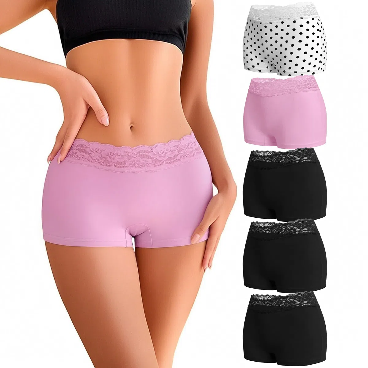 Uniexcosm Boxer Mujer Algodon Bragas Talle Alto con Encaje Ropa Interior Sexys para Transpirable Culotte Panties Pack Colores Pack De 2-5