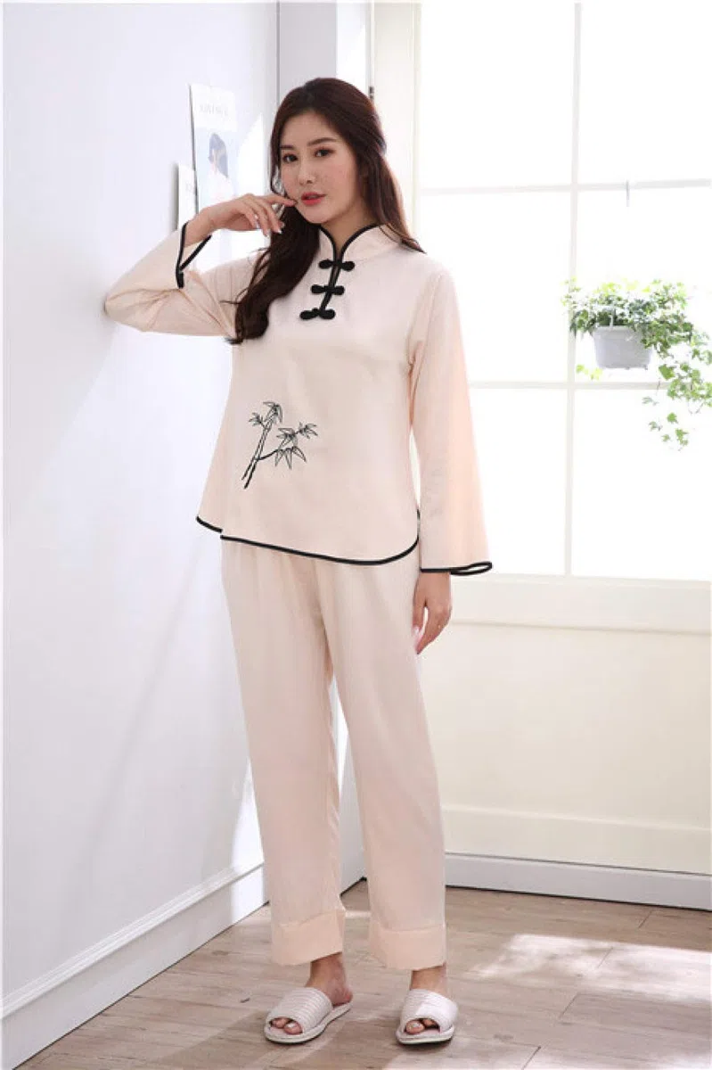 YUHOOE Pijamas De Mujer,Conjunto De Pijamas De Satén Sedoso Botón Tradicional Chino Bordado De Manga Larga Ropa De Dormir Pijamas Cómodos Sueltos Ropa De Dormir Ropa De Casa,Beige,XL