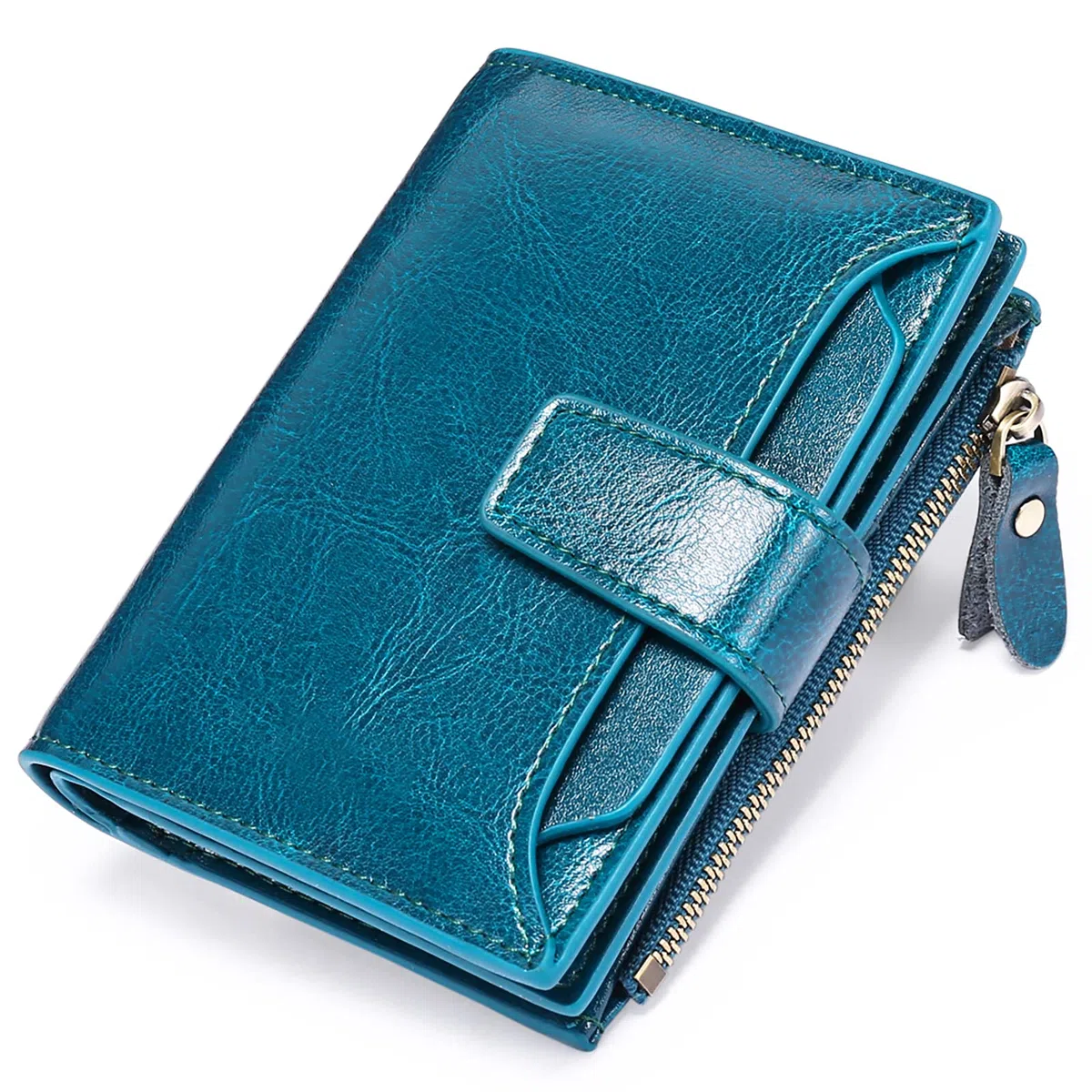 SENDEFN - Cartera de piel con bloqueo RFID para mujer, tamaño pequeño, compacto, se pliega en dos, con cremallera y ventana para identificación, Talla única