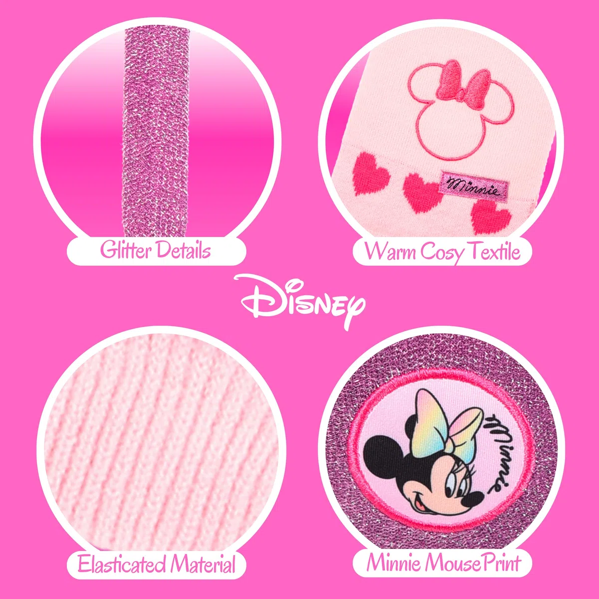 Disney Minnie Mouse Gorro Bufanda Guantes y Orejeras para Niñas, Diseño Brillante Gorro de Invierno Infantil, Regalo para Niñas