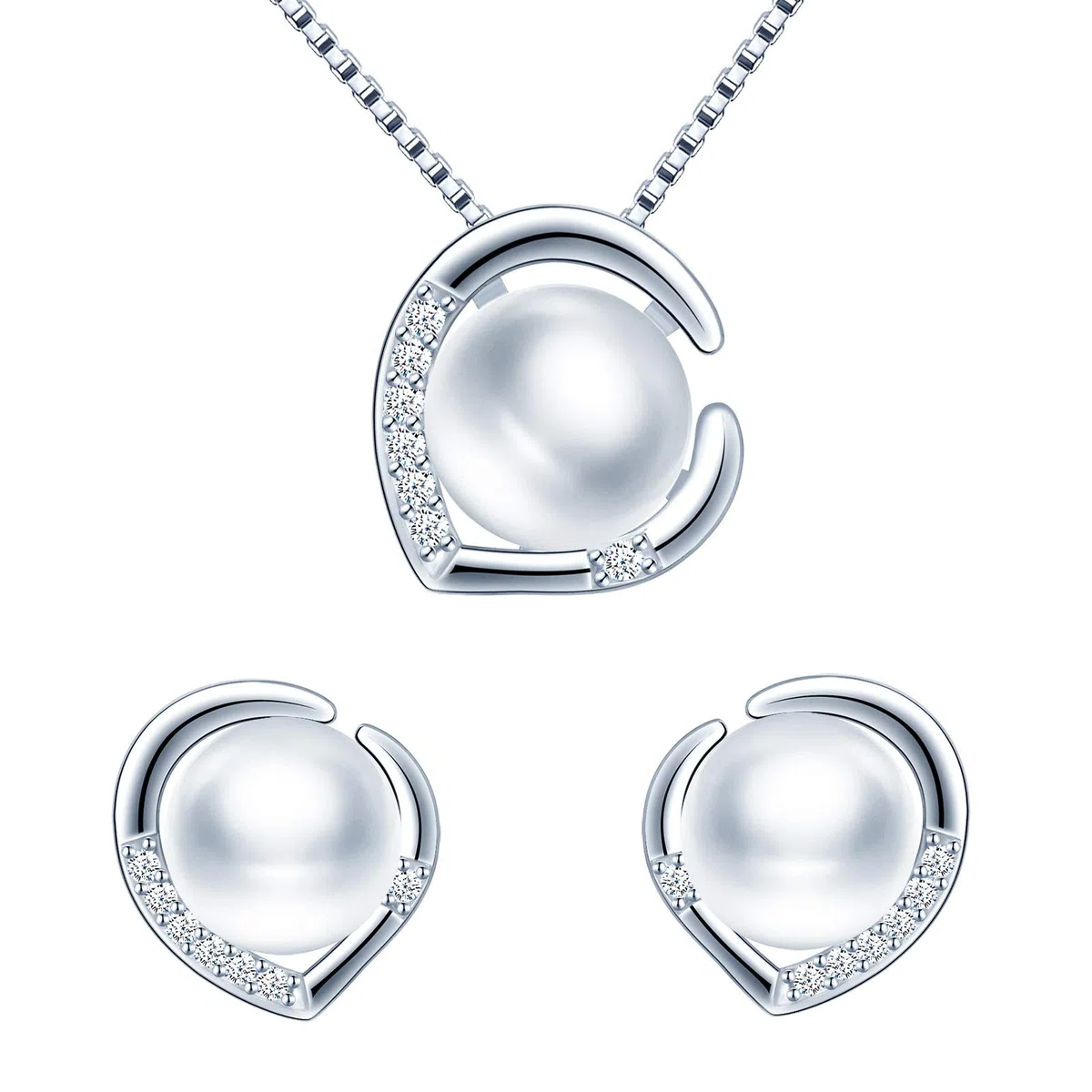 Yumilok Collar de Perlas y Pendientes de Corazón, Plata 925, Mujer, Niña, Pendientes de Perlas circonita con Incrustaciones