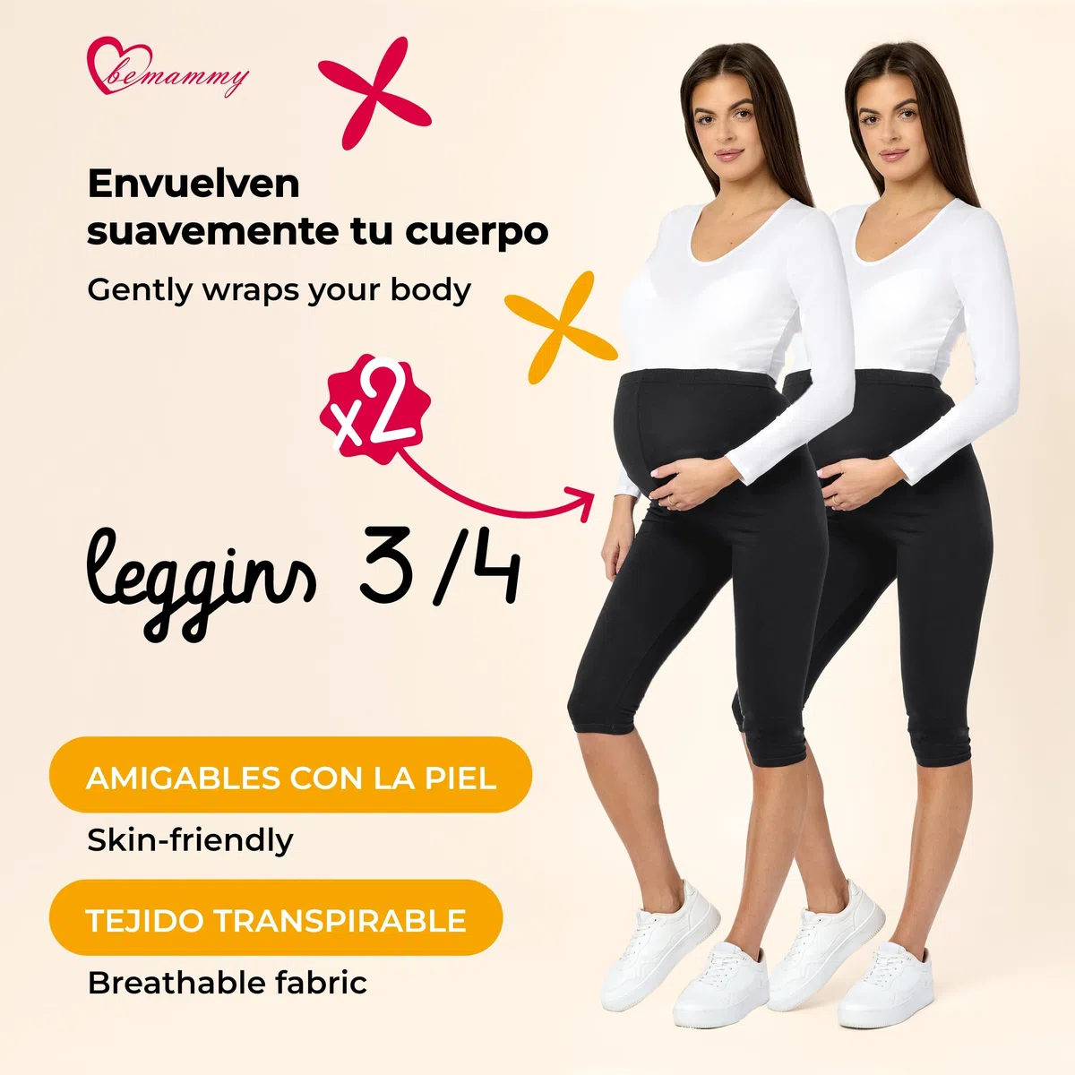 Be Mammy Leggins Premamá 3/4 2 Pack BE20-229 | Pack de 2 mallas capri premamá suaves, elásticas y cómodas para embarazo