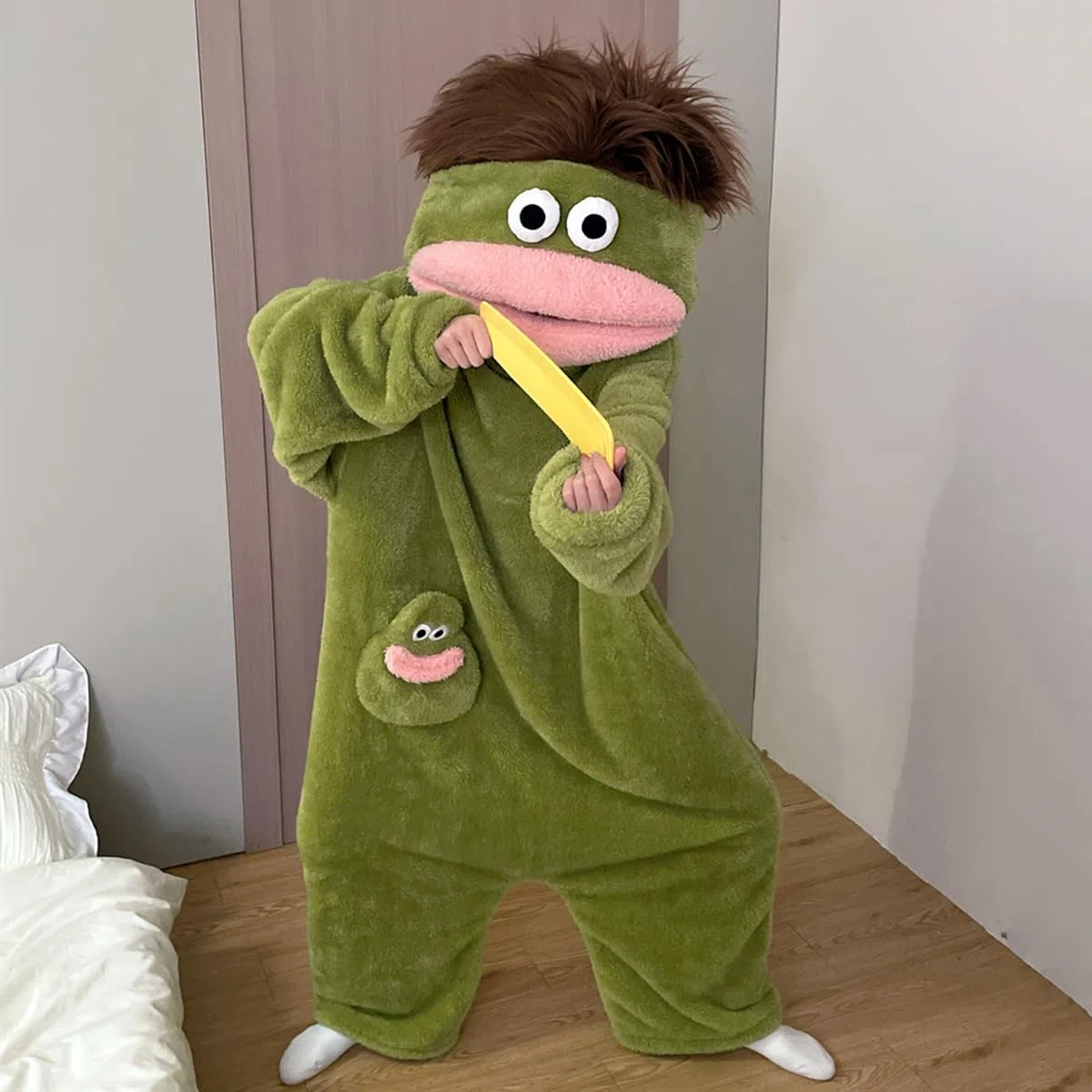 EHOTER Silly Onesie - Pijama unisex de felpa ultra suave con capucha de una pieza, color verde, divertido monstruo con capucha de boca grande, ropa de hogar para noches de cine, diversión familiar y
