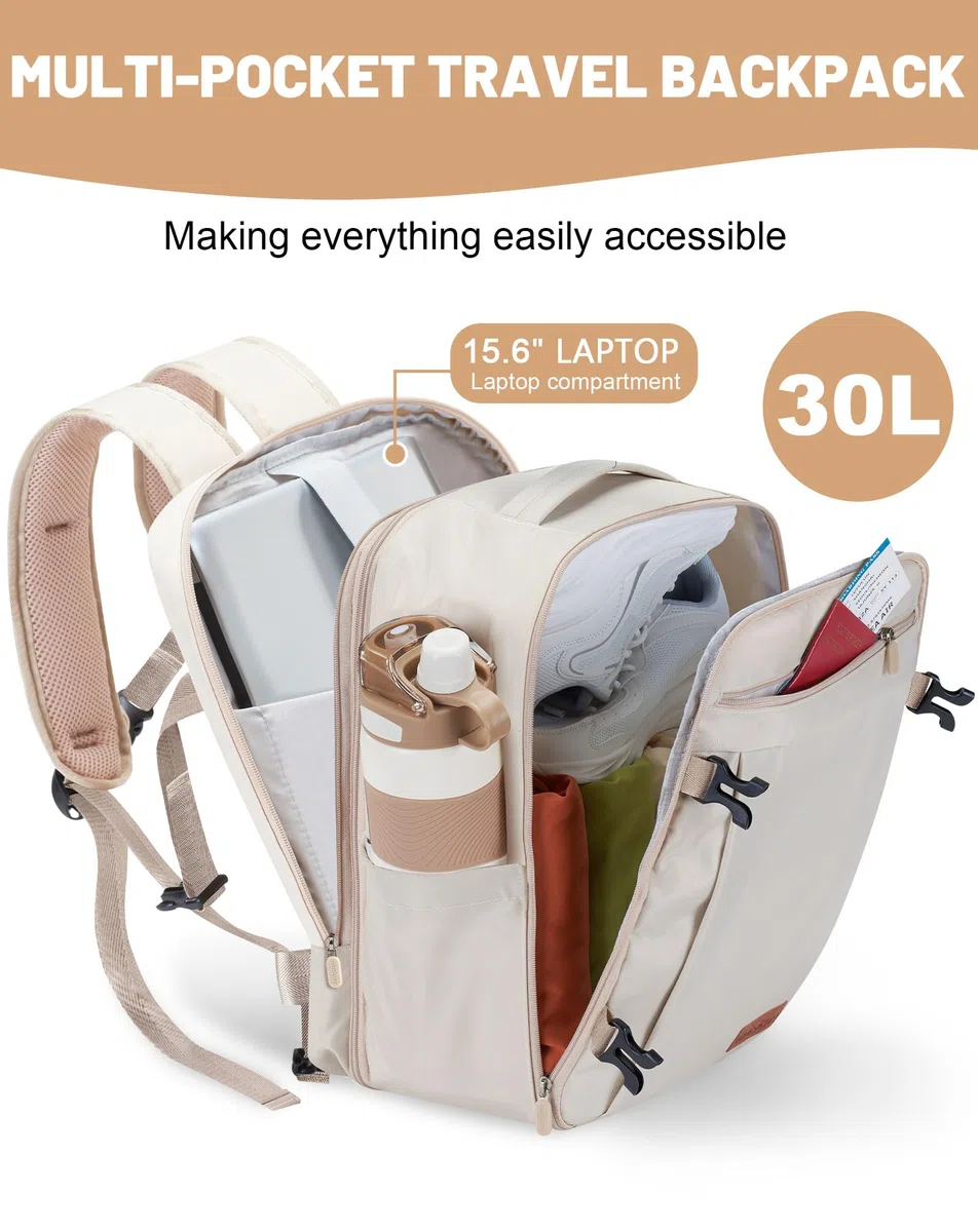 Mochila Viaje Cabina Avion 40x30x20, Maletas de Viaje Cabina para Vueling Impermeable Mochila Equipaje de Mano, 30L Mochila Hombre Mujer Travel Backpack Mochila Portatil(Beige Crema)