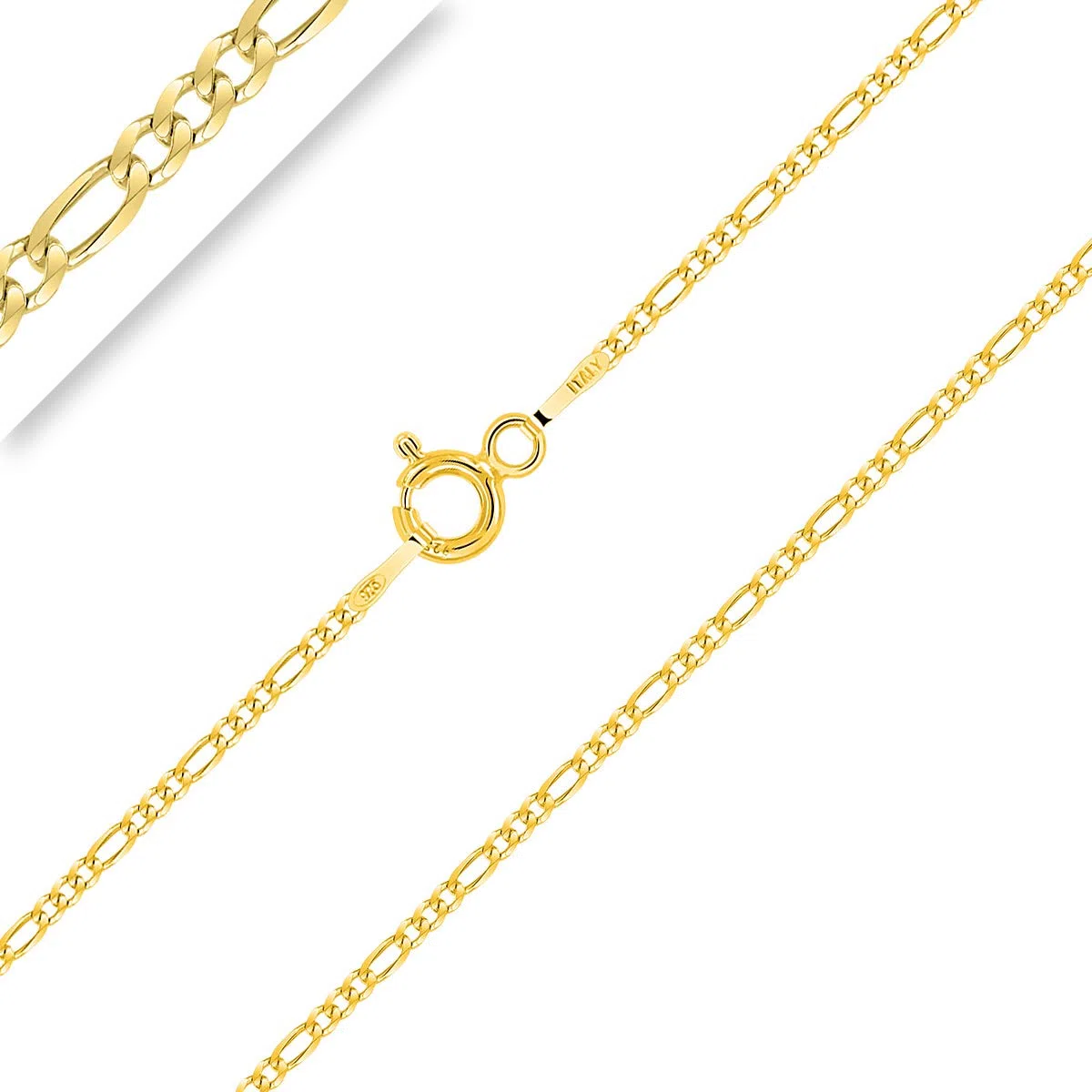 Planetys - Cadena de Plata de Ley 925 Chapado en Oro 18K para Niños o Bebé Malla Figaro (1+3) 1.5 mm de Ancho 32-34-36-38-40 cm de Longitud
