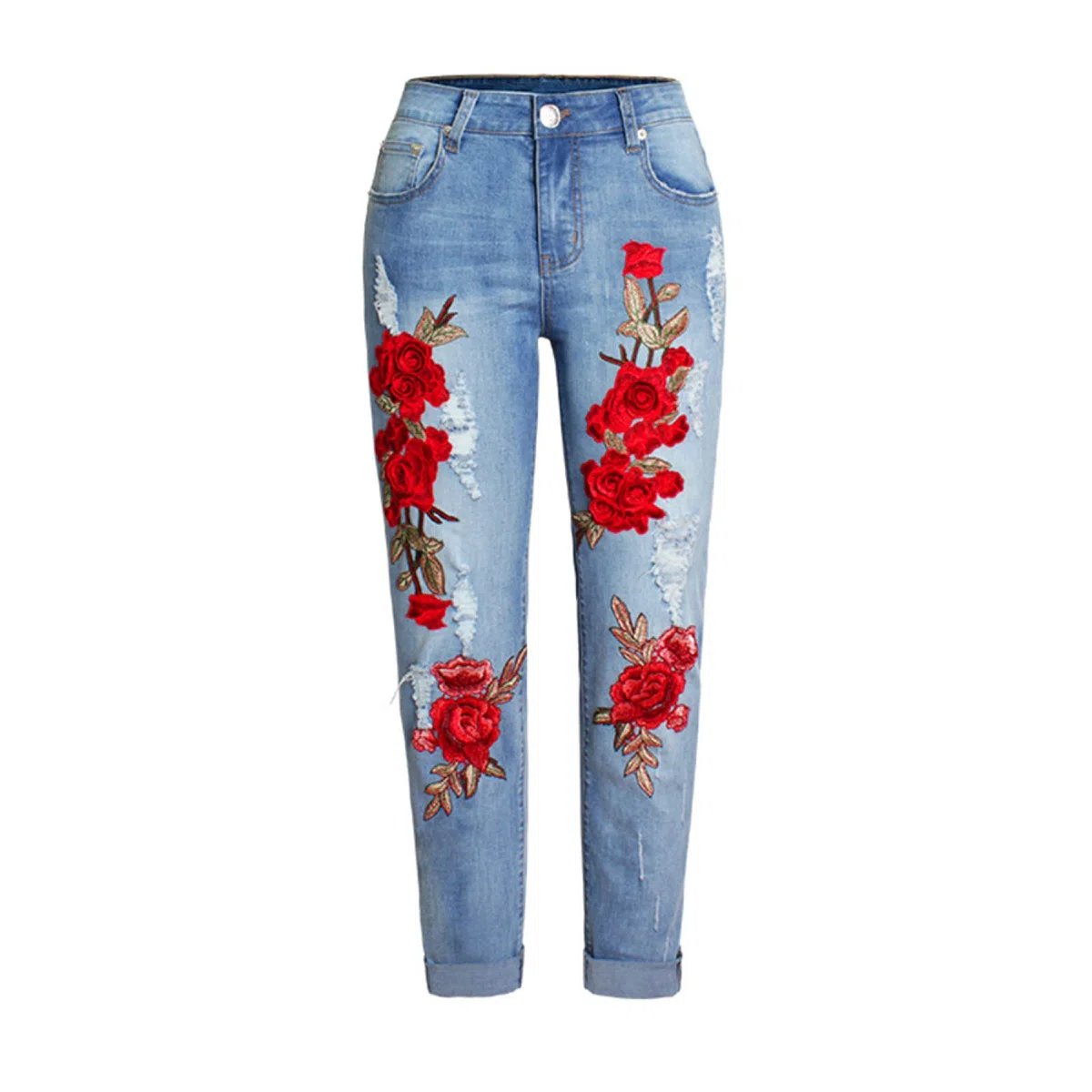 Pantalones Vaqueros Sueltos Elásticos para Mujer, Pantalones Vaqueros Perforados con Bordado 3D De Flores Coloridas para Mujer