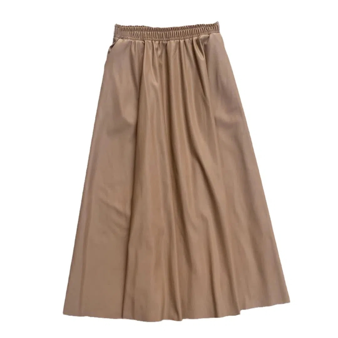 Faldas largas de Piel sintética para Mujer, con Bolsillos, Cintura elástica, Corte en A, Falda Acampanada (Beige, Talla única)