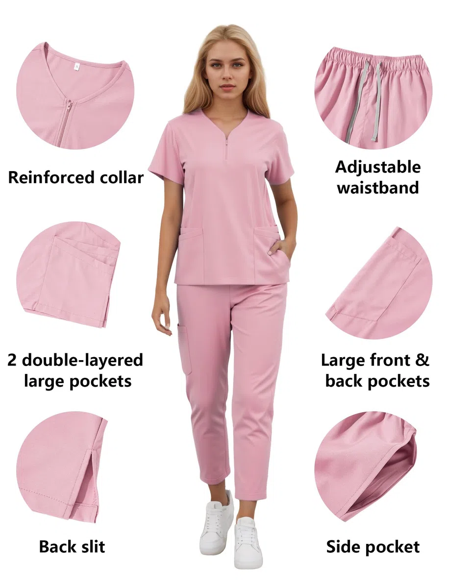 Unisex Scrub Set Slip-On Enfermera Túnica Zip Up Manga Corta Cuello de Pico Túnica Pantalones Trajes Uniformes Médicos con Parte Superior y Pantalones Ropa de Trabajo Hospital