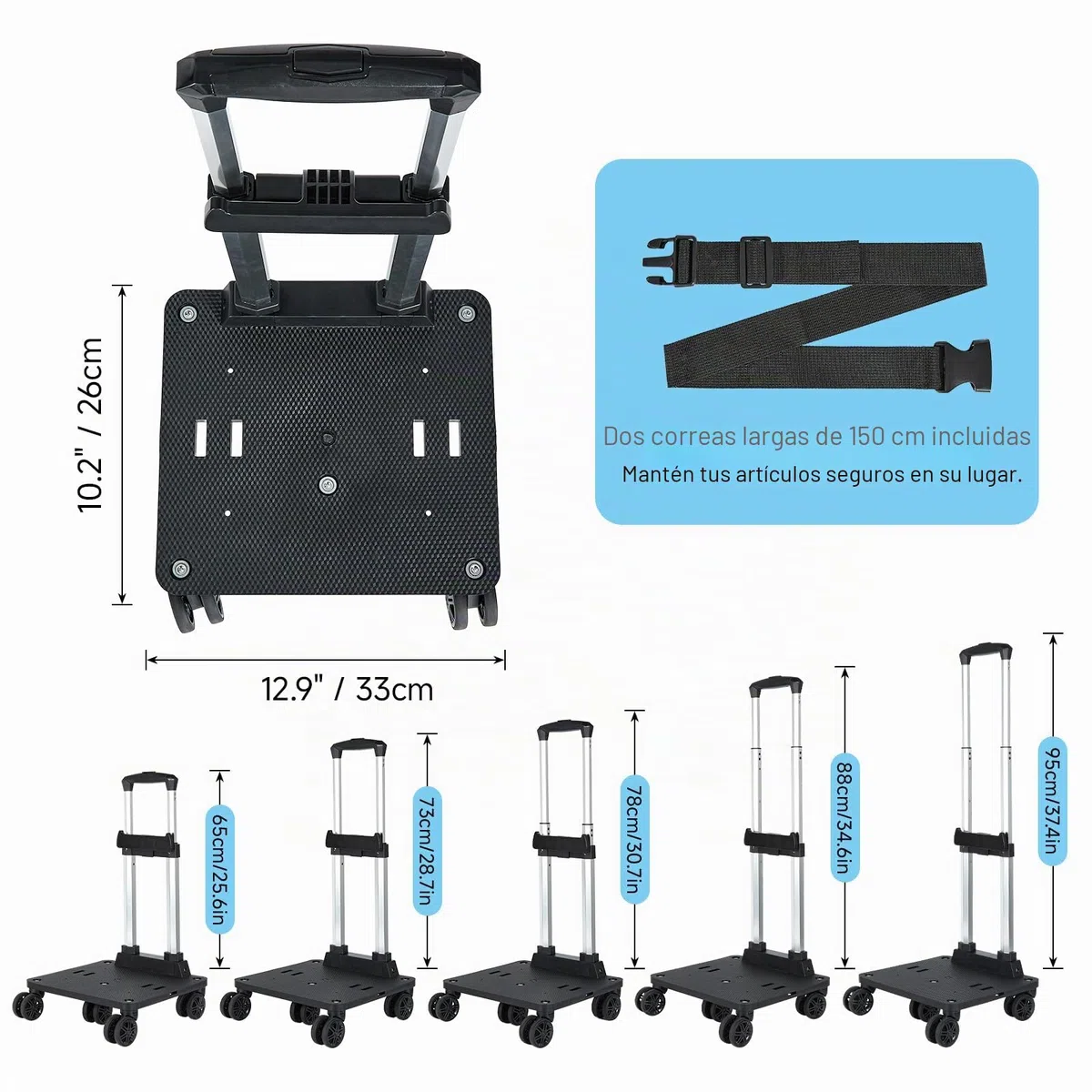 Amythe Carrito Escolar con 5 Ruedas Plegable, Carro Universal con 2 Correas de Sujeción para Mochilas y Equipaje de Viaje, Altura Ajustable, Negro