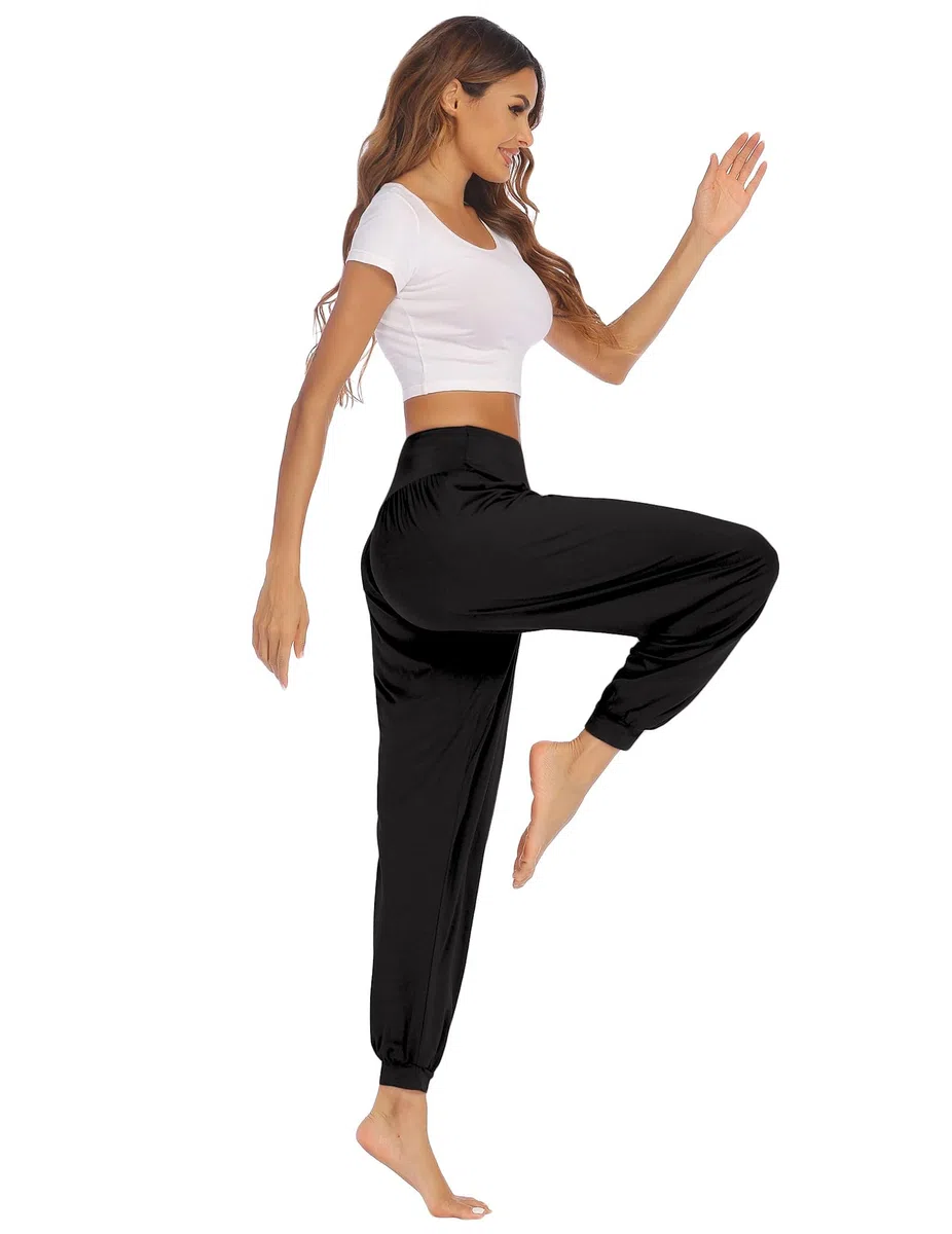 PINSPARK Pantalones de Yoga para Mujer Largos Bombachos Casuales de Cintura Alta Pantalón Bloomers Ancho con Cordones