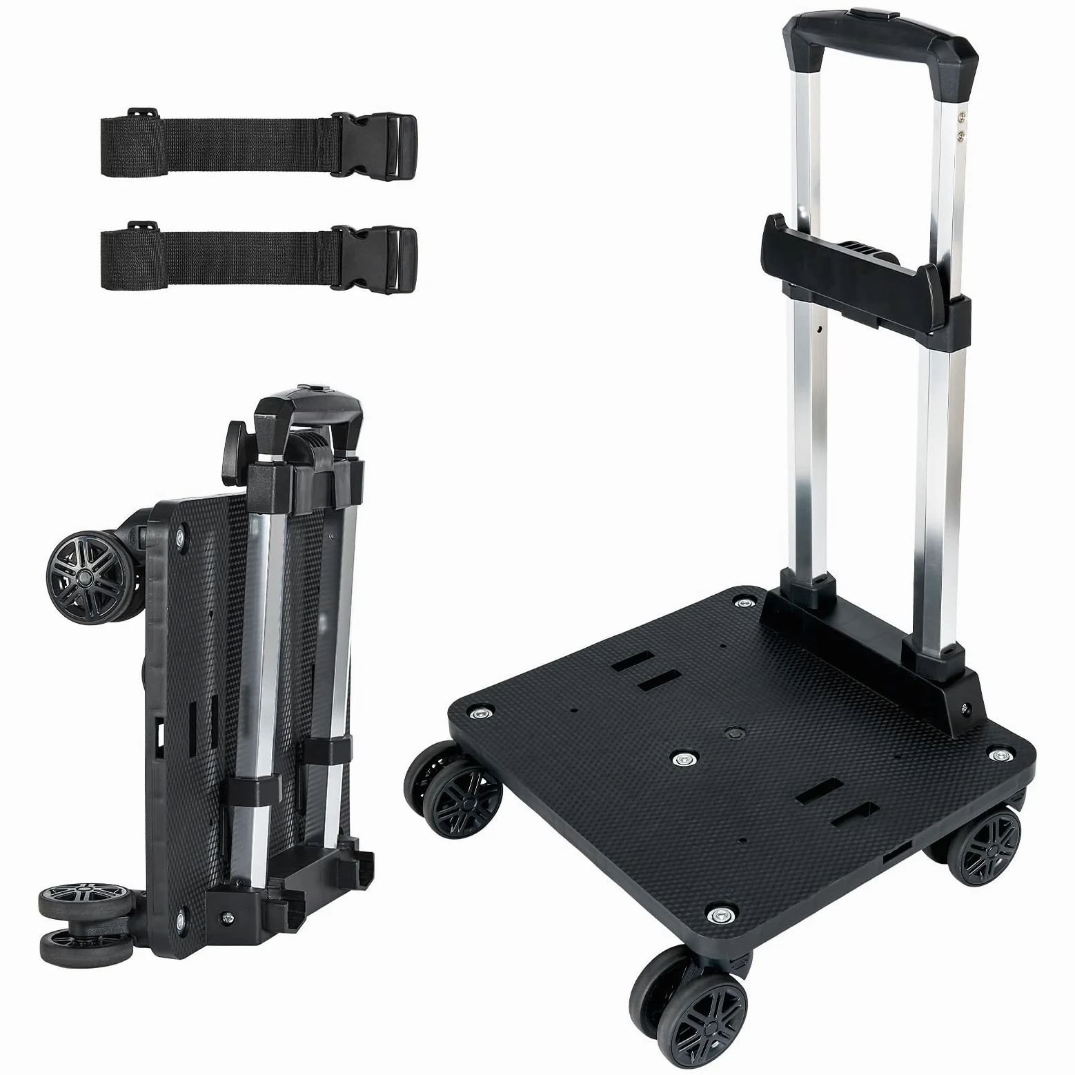 Amythe Carrito Escolar con 5 Ruedas Plegable, Carro Universal con 2 Correas de Sujeción para Mochilas y Equipaje de Viaje, Altura Ajustable, Negro
