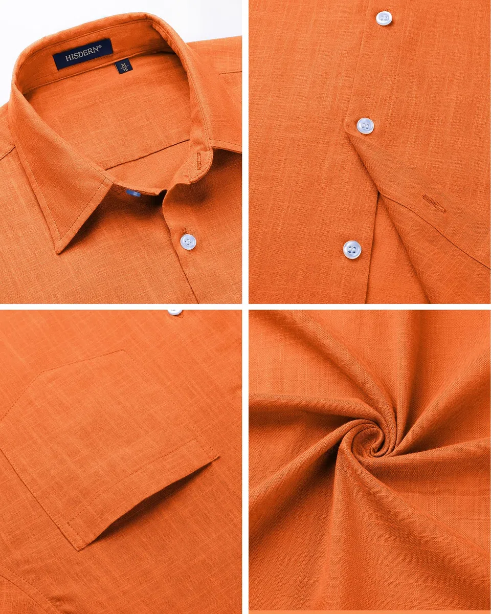 HISDERN Camisas de Lino y Algodón para Hombre Manga Larga Ligeras Verano Lino Camisa de Ajuste Regular Abotonadas Casual Shirt con Bolsillo