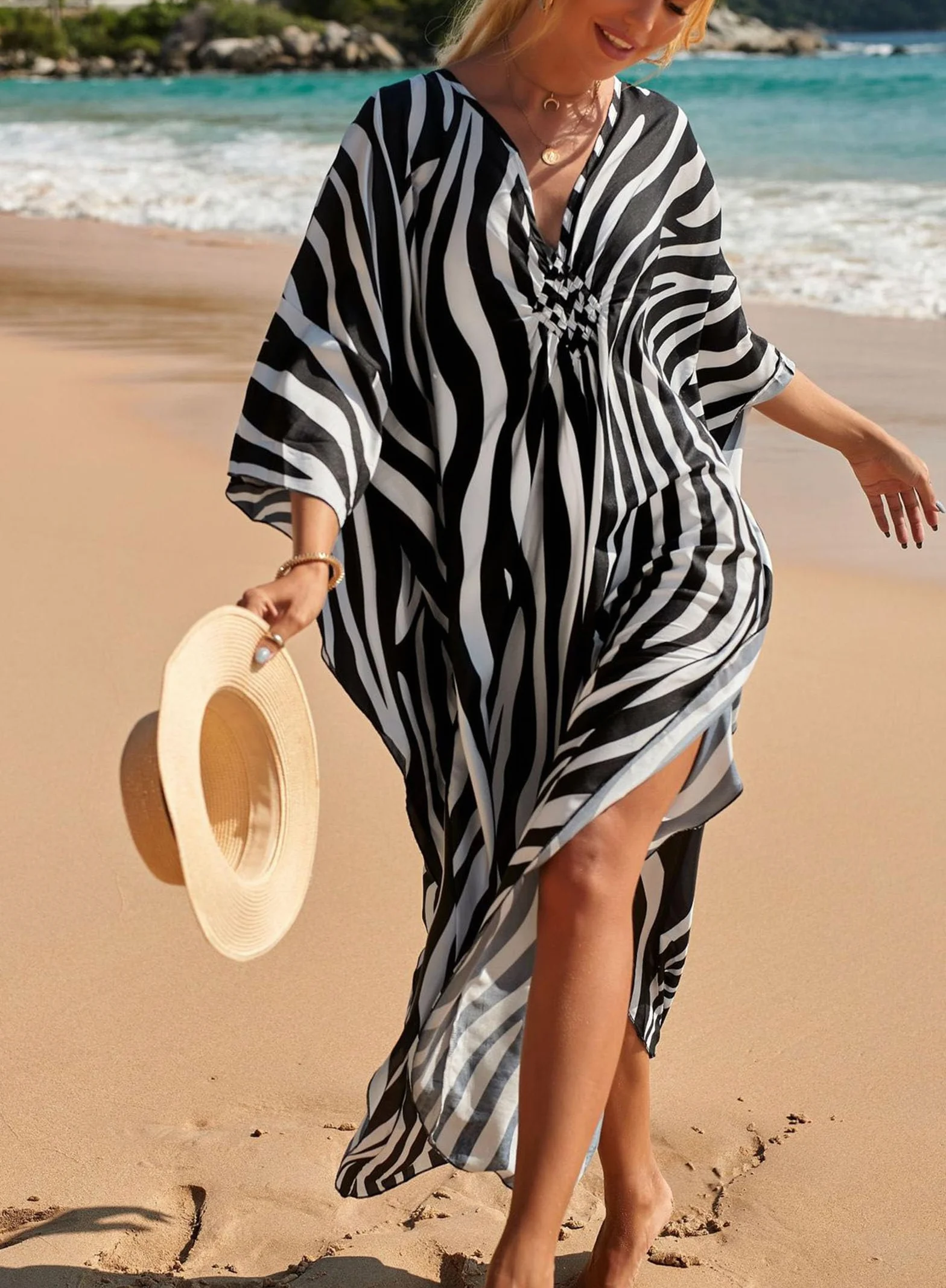 Baynetin Kaftan Vestido Largo de Playa, Bohemian Loungewear Kimono Floral Bohemio Traje de Baño Cover Ups Gran Tamaño