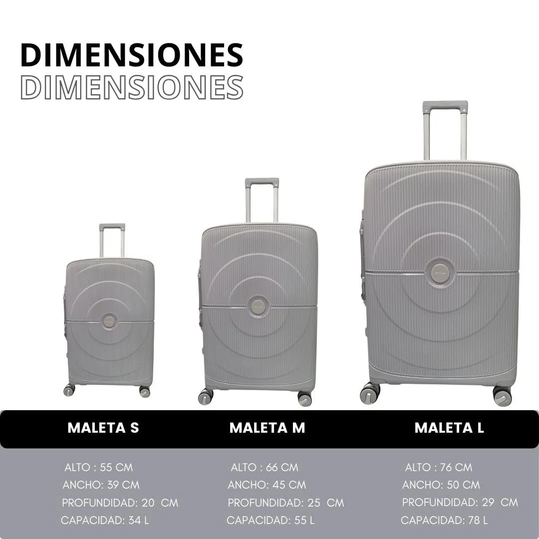 Max Star Juego de Maletas de Viaje 3 Piezas, MS636, Ruedas 360º, Polipropileno, Impermeable, Resistente, Ligera, Gran Capacidad, Maleta Cabina, Mediana, Grande, Gris