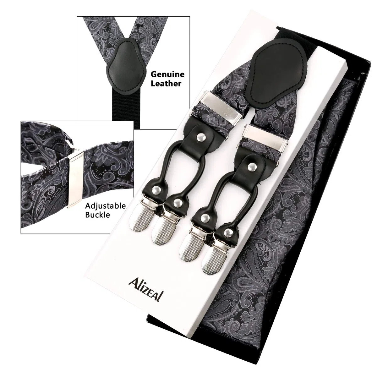 Alizeal Conjunto Ajustable con Estampado Floral para Hombre, Pajarita Auto-Ajustada, Pañuelo de Bolsillo y Tirante en Forma de Y con 6 Clips