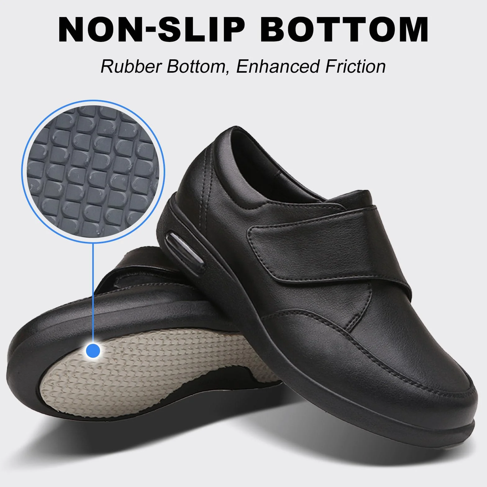 Zapatos para diabéticos, zapatos de cuero extra anchos para caminar, con cierre ajustable, antideslizantes, ligeros, ortopédicos, para ancianos, pies hinchados, pulgar, valgus, negro, 43 EU
