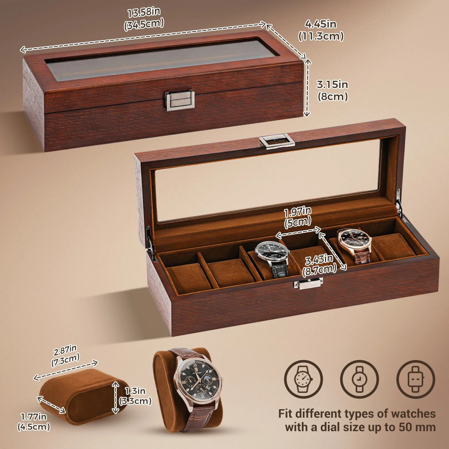 ProCase Caja para Relojes de 6 Ranuras, Funda Organizadora de Reloj con Tapa de Cristal, Estuche de Almacenamiento para Hombres y Mujeres -Marrón