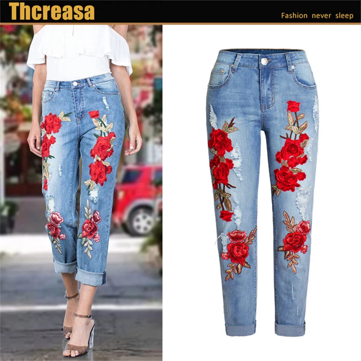 Pantalones Vaqueros Sueltos Elásticos para Mujer, Pantalones Vaqueros Perforados con Bordado 3D De Flores Coloridas para Mujer