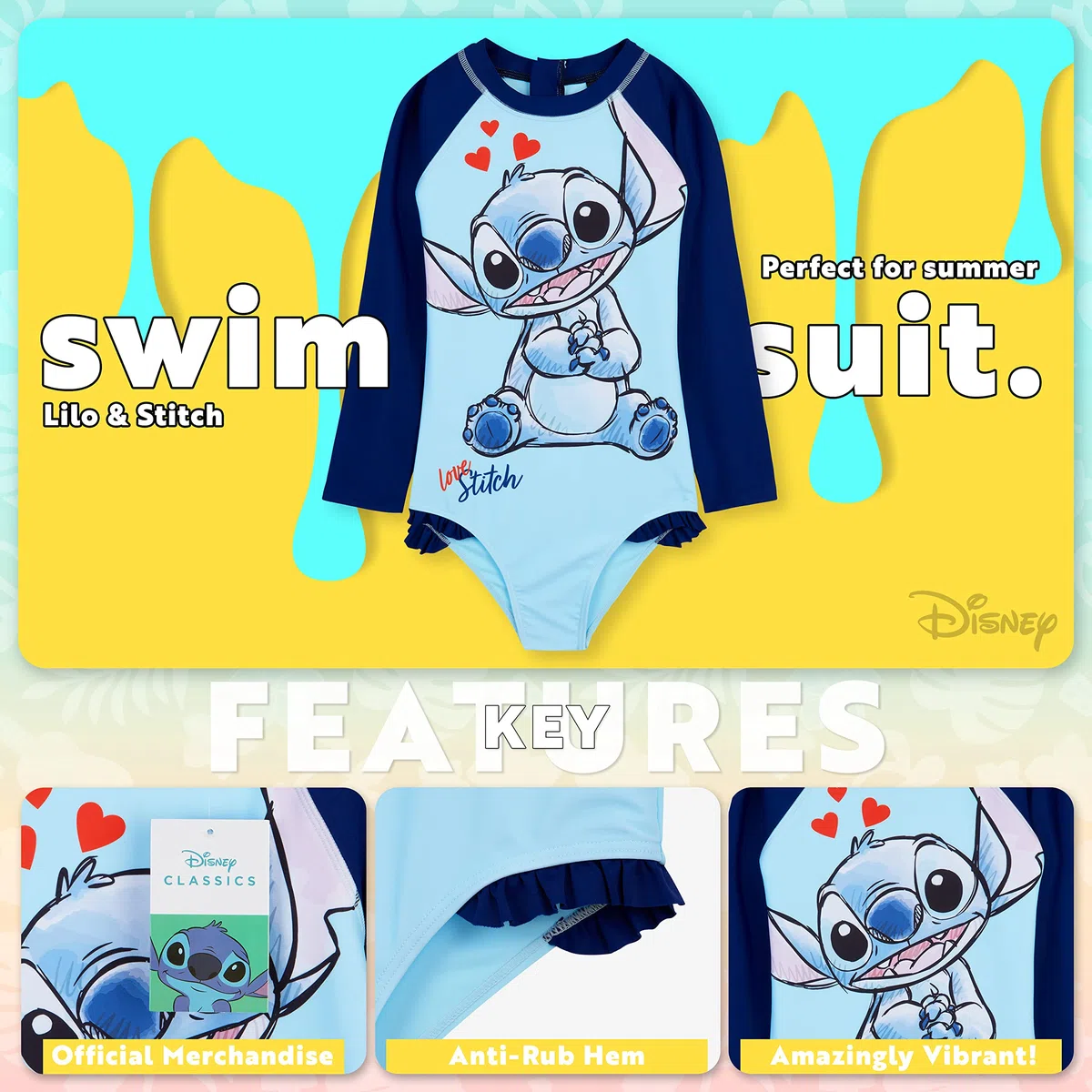 Disney Pieza Única Bañador para Niñas con Mangas Largas - Regalos de Stitch