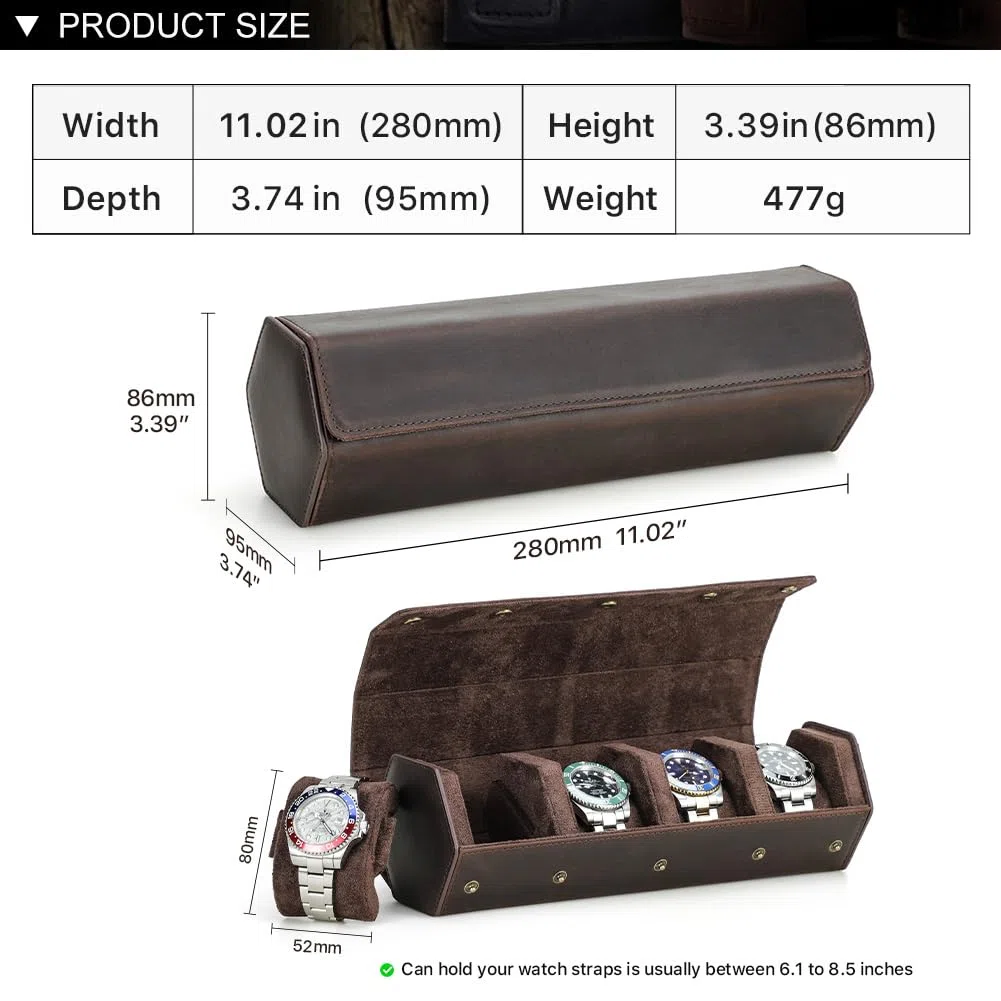 Hiram Estuche para Relojes Estuche de cuero Hexagonal para 8 Relojes, Estuche Protector de 8 Ranuras para Relojes, Organizador de Relojes para Viajar (Café)