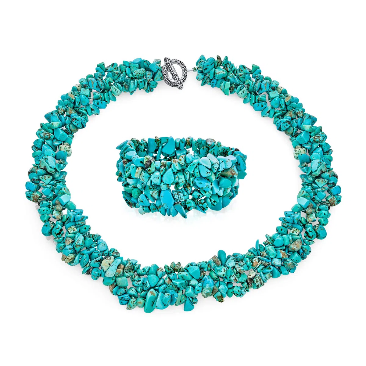 Bling Jewelry Gran Ancho De Color Teñido De Piedras Preciosas Chips Cluster Multi Strand Declaración Collar Llamativo Brazalete Brazalete Conjunto De Joyas Para Las Mujeres
