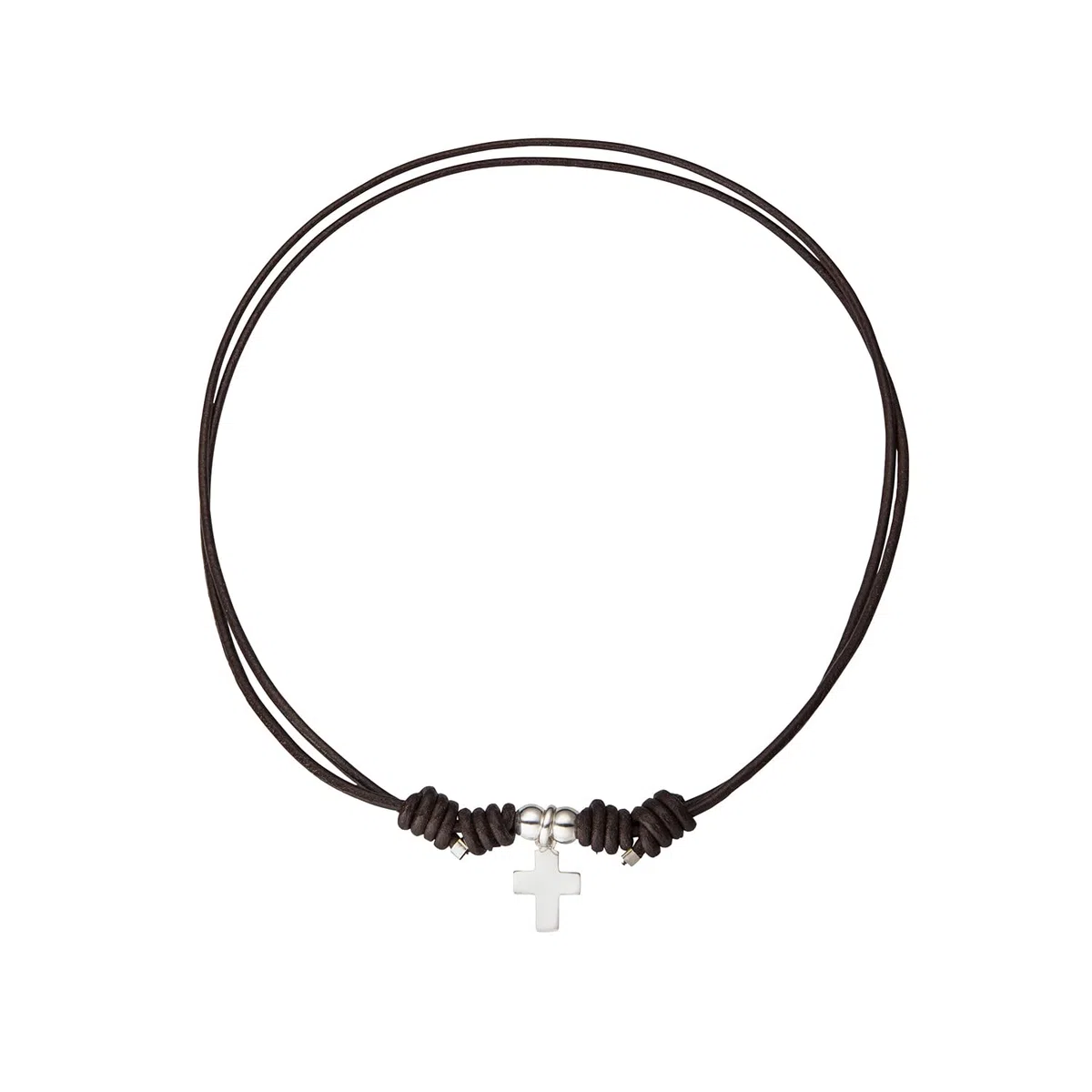 Colgante religoso Cruz con Bolitas de Plata - Collar para niño o niña - Cordón de Cuero Negro Ajustable - Plata de Ley