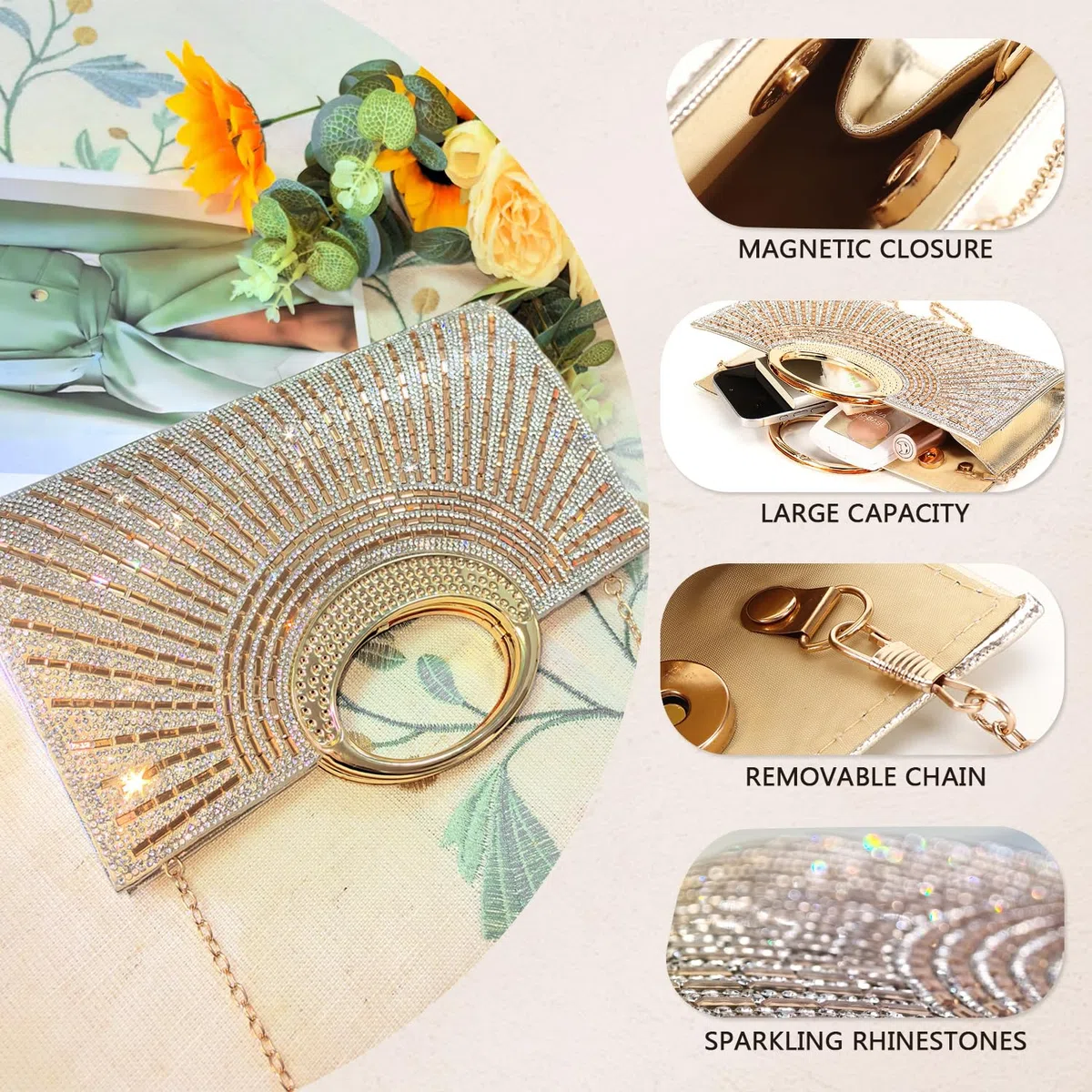 Pahajim Bolsos de Fiesta y Ceremonia Bolso Noche Mujer Pequeño Bolso de Mano con Brillantes Pedreria Carteras Clutch para Boda Novia Banquete Galas