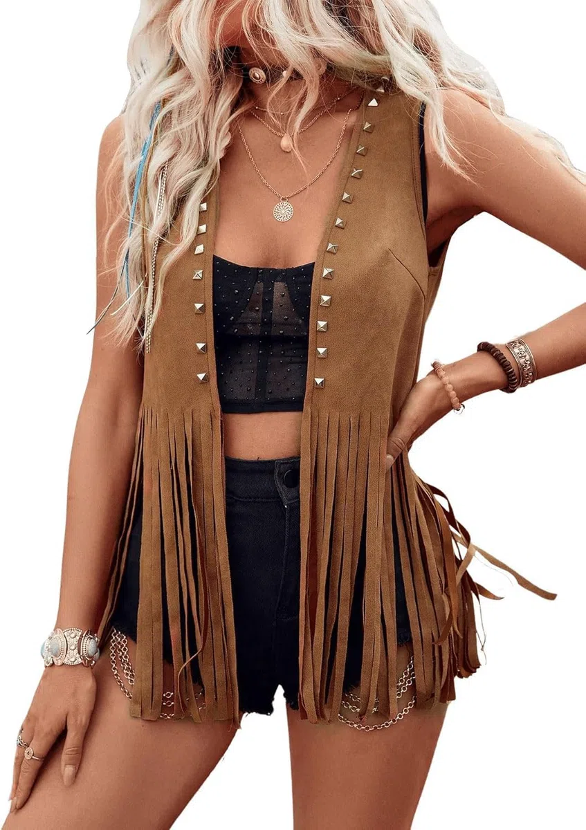 LYSINK Chaleco con borlas para mujer, estilo hippie de los años 70, vaquera, occidental, de gamuza sintética, sin mangas, con flecos, ropa de calle