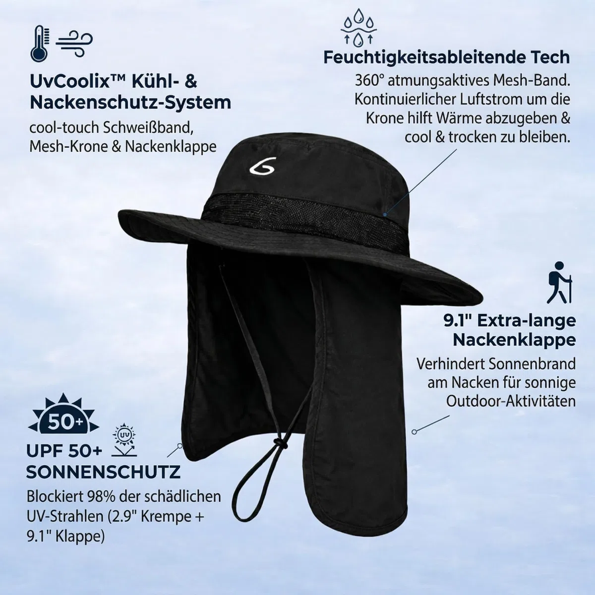 TOP-EX UVCoolix Sombrero de sol refrescante con protección para el cuello UPF 50+ de ala ancha, sombrero de pesca para hombre y mujer, al aire libre, senderismo, pesca, viajes