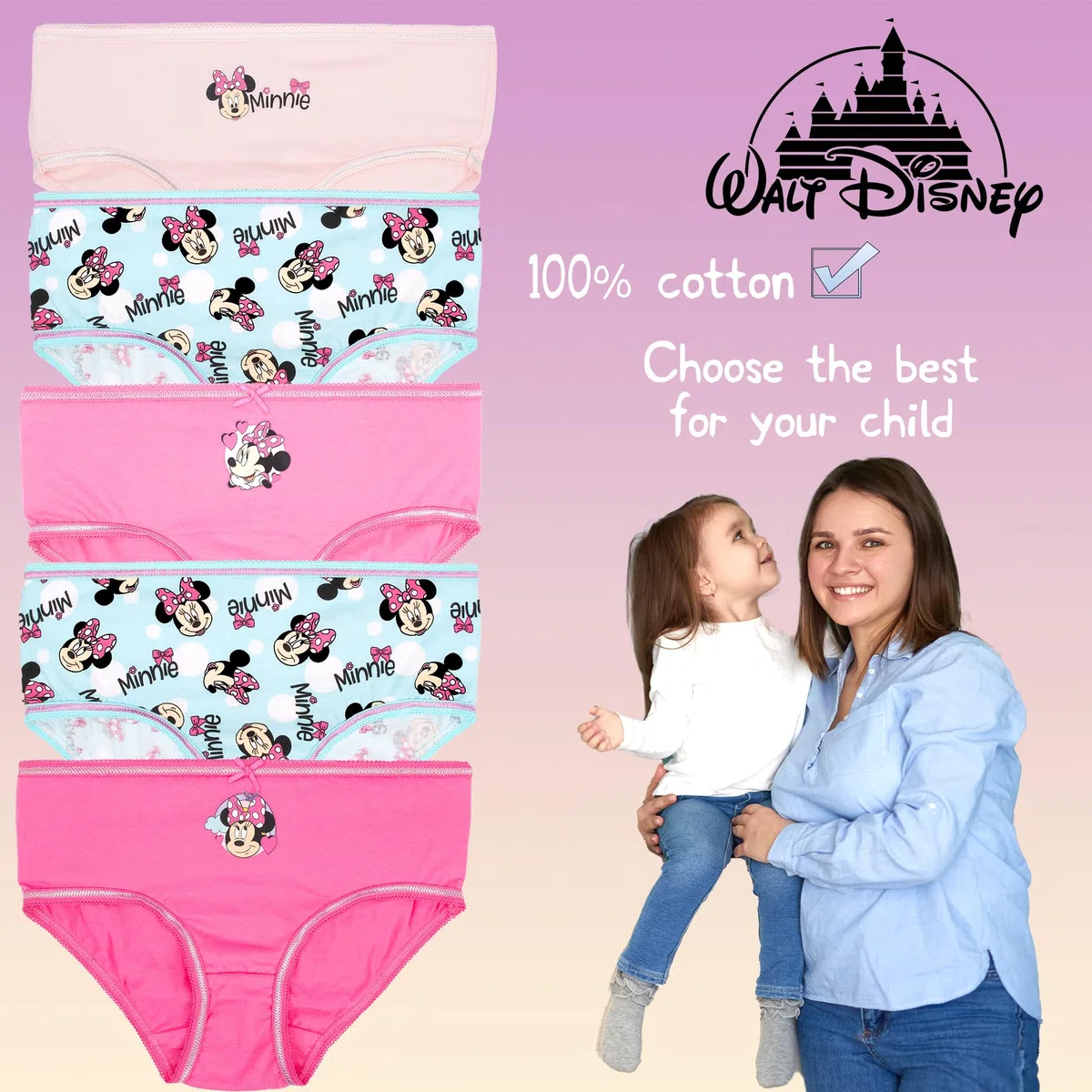 Disney Bragas suaves 100 % algodón para niñas, ropa interior para niñas, paquete de 5 con 5 diseños diferentes, color rosa, edad 5/6