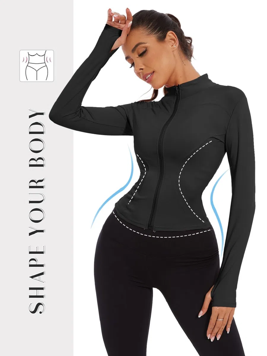 Yutdeng Chaqueta Running Mujer Sudadera con Cremallera Chaqueta Deportiva Manga Larga Secado Rápido Transpirable Ropa Deportiva Mujer Tops Correr Gym Yoga con Agujeros para Pulgar,Negro,S
