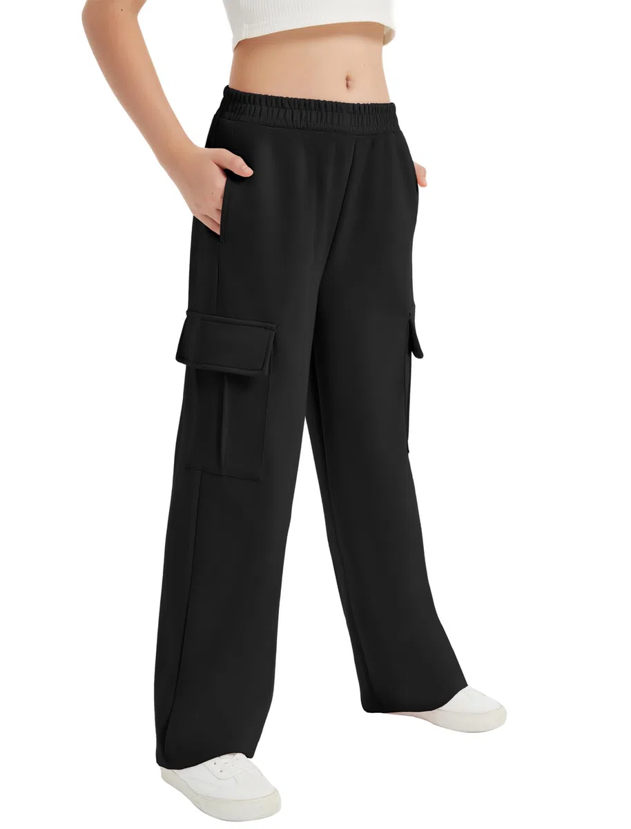 EXARUS Pantalones deportivos para niñas con bolsillos tipo cargo, cintura elástica, pierna ancha, pantalones casuales de cintura alta para niños de 6 a 14 años