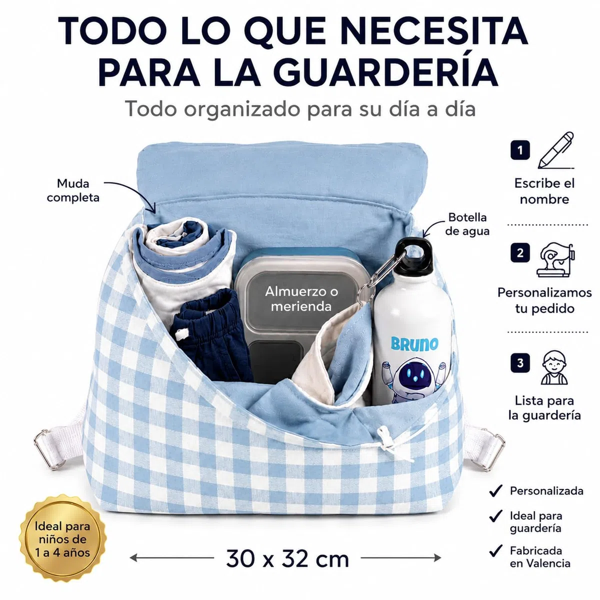 Mochila Infantil Personalizada con Nombre | Mochila Bebé para Guardería y Colegio | Mochila Vichy de Algodón con Solapa y Cordón Ajustable | Hecha en España