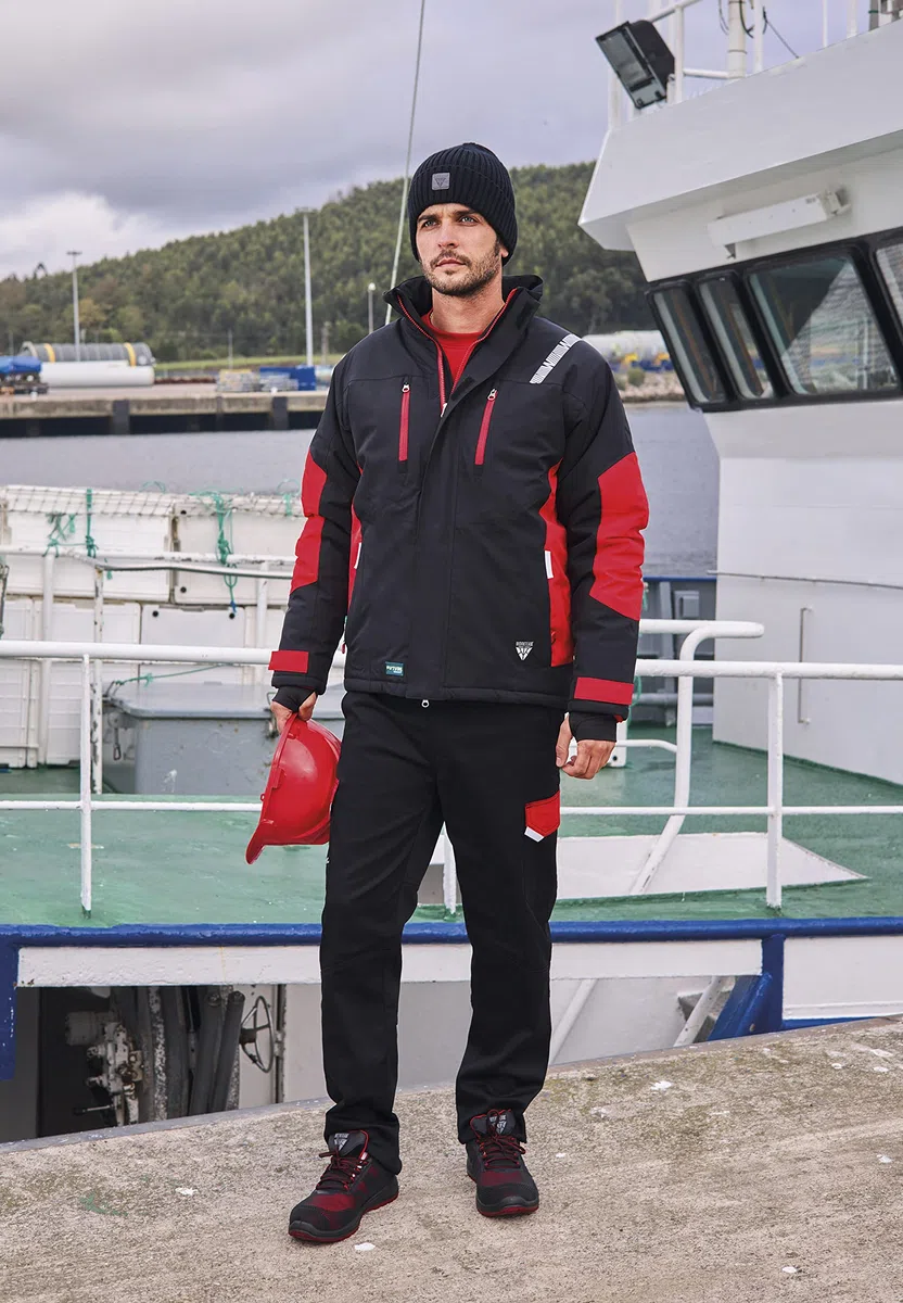 Teamwork WORKTEAM Parka con capucha combinada y detalles reflectantes, Acolchada. Ideal para trabajo, tiempo libre, etc. Unisex Negro+Gris-M
