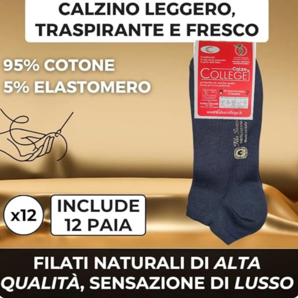 Calcetines invisibles College, 12 pares, De Algodón Puro Hilo De Escocia Elástico, materiales de primera calidad, fabricados en Italia.